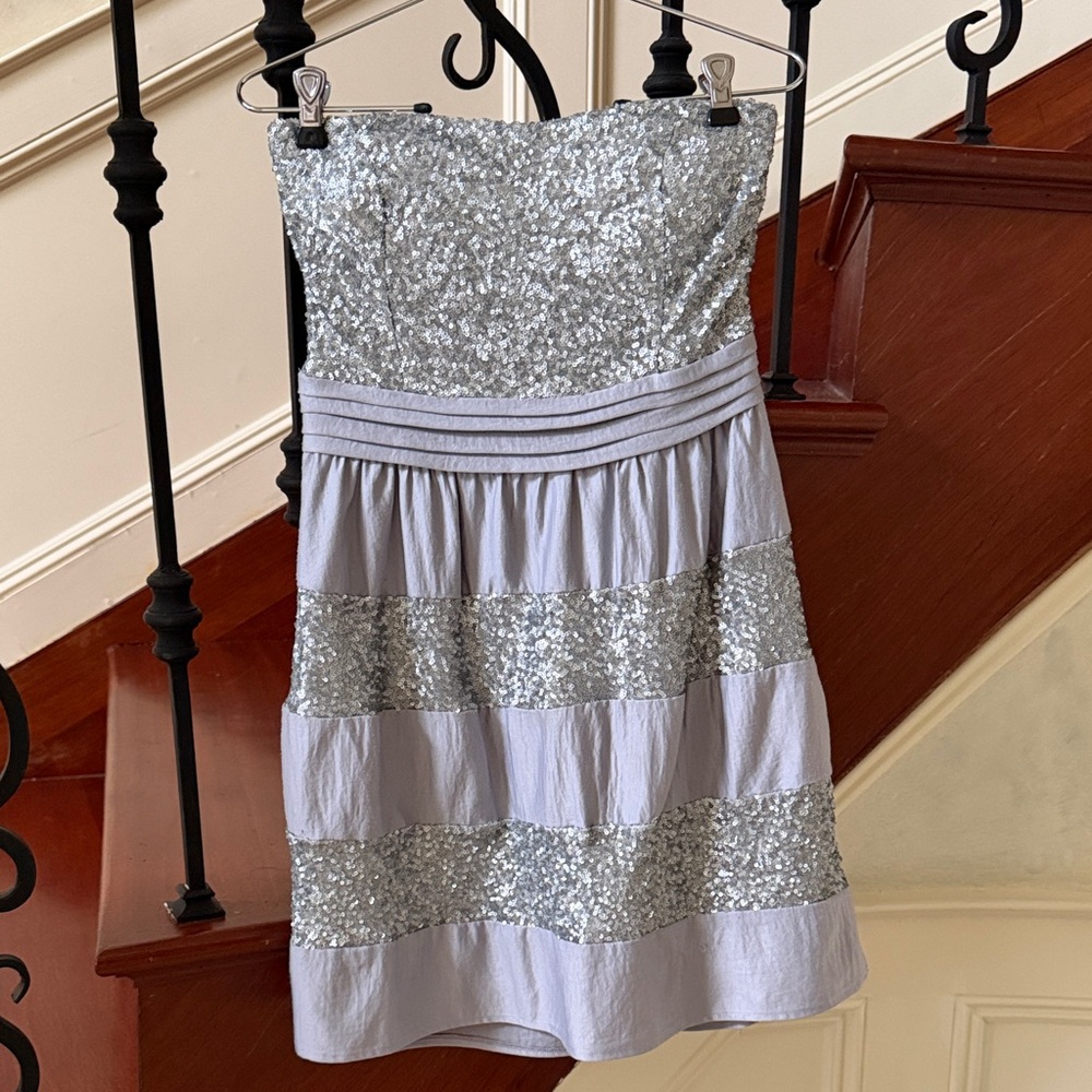 Silver Sequin Strapless Dress